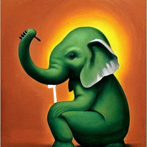 Image similar to cute little green elephant cleaning out a toilet with big toothbrush, dramatic, oil painting by Raphael