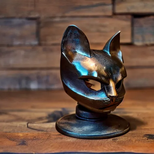 Prompt: steampunk robotic cat head, bronze, gears, on a wooden table