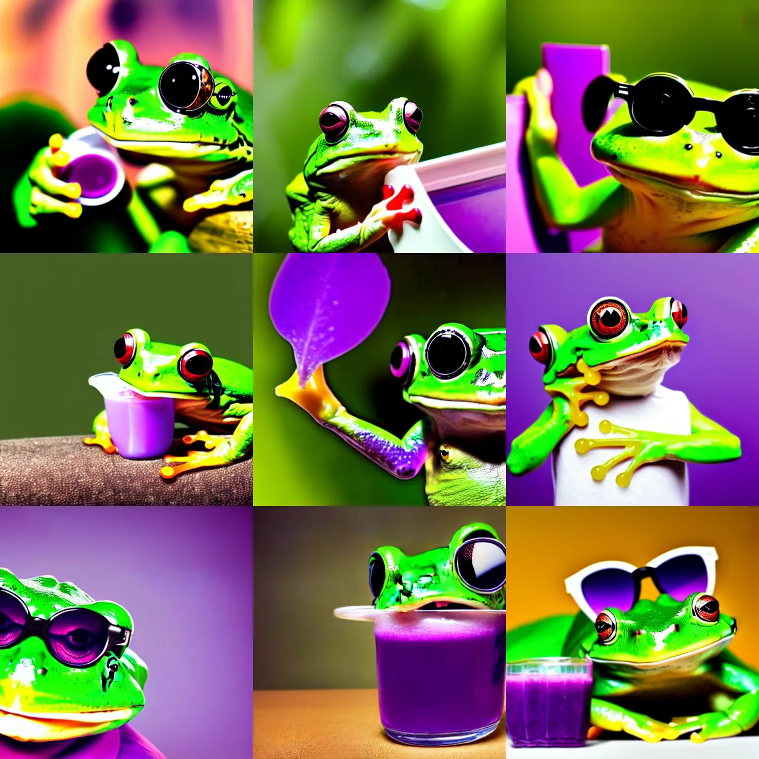 Prompt: a cute green frog with white - framed sunglasses on his face wearing a black shirt while drinking from a purple juice box, macro photography