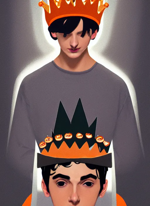 Image similar to portrait of teenage jughead jones wearing a light grey crown, symmetrical crown, sweater with picture of hamburger, eyes closed, crown, black hair, orange, intricate, elegant, glowing lights, warm lighting, highly detailed, digital painting, artstation, concept art, smooth, sharp focus, illustration, art by wlop, mars ravelo and greg rutkowski