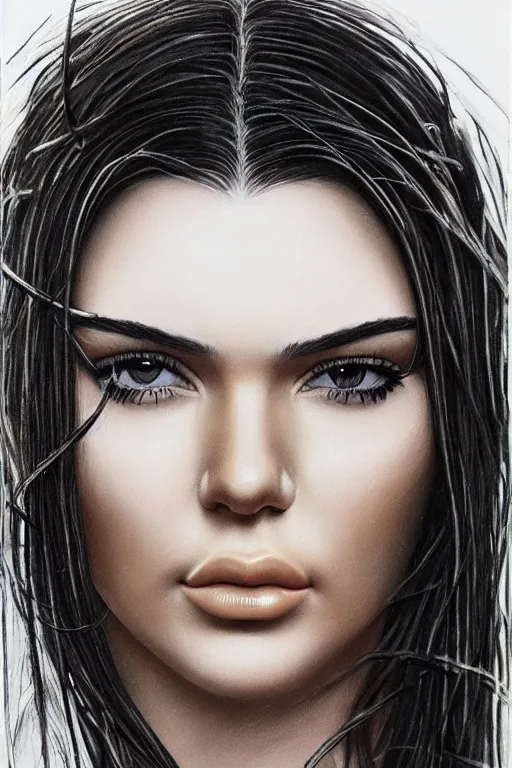 Prompt: realistic detailed face portrait painting of the beautiful kendall jenner with long hair with sci-fi headwear and transparent skin ,drawn by HR GIGER