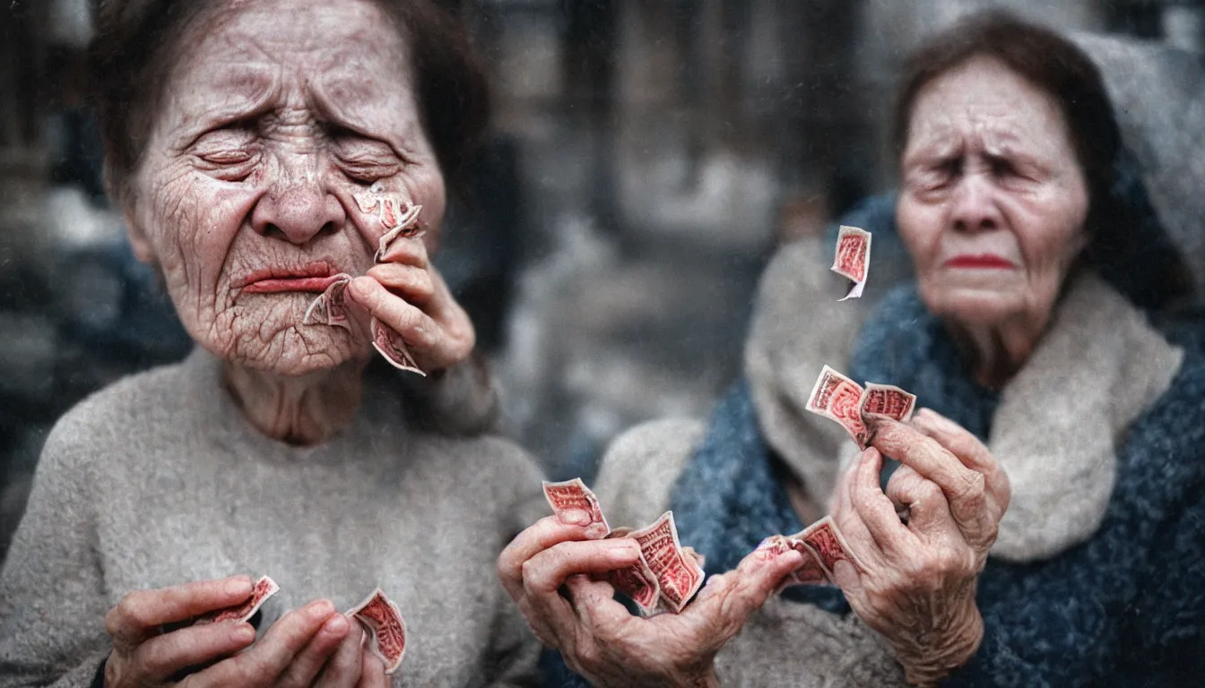 Prompt: close up portrait old underweight lady is crying because she is so cold, burning money floats in the air, hyper realistic photo, full colour, kodak porta 4 0 0, upscale, 8 k, masterpiece,