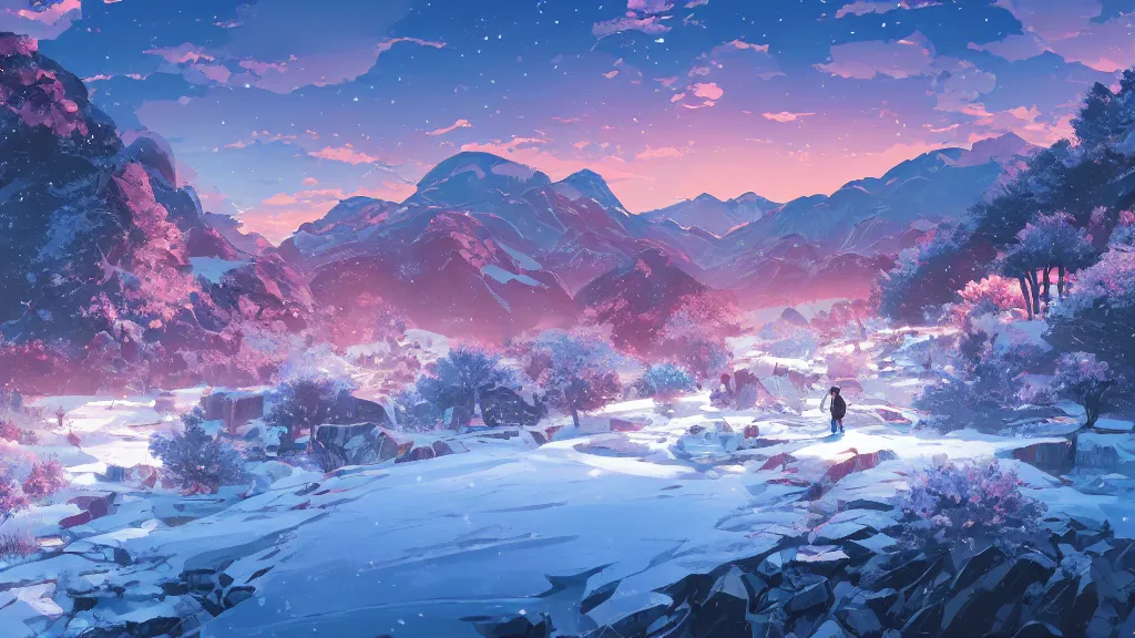 Prompt: landscape of a snowy mountainous region, rich vivid colors, ambient lighting, dynamic lighting, 4k, HQ, official media, anime key visual, makoto shinkai, ilya kuvshinov, lois van baarle, rossdraws, detailed, trending on artstation