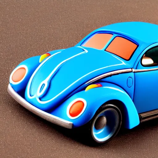 Image similar to a blue beetle car with burgers for wheels m - w 7 6 8