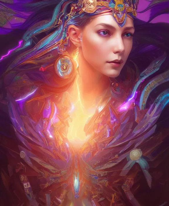 Image similar to a whirlwind of souls rushing inside the metaverse, half body, glowin eyes, tiara with sapphire, pharaoh, android, cyberpunk, d & d, fantasy, intricate, elegant, highly detailed, colorful, vivid color, digital painting, artstation, concept art, art by artgerm and greg rutkowski and alphonse mucha and ruan jia