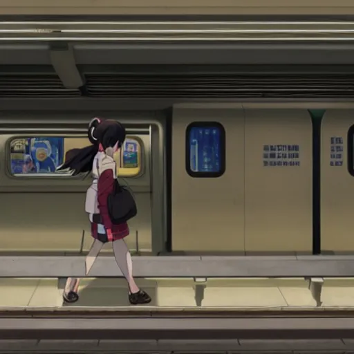 Prompt: still of samurai girl in a subway from the movie weathering with you, makoto shinkai