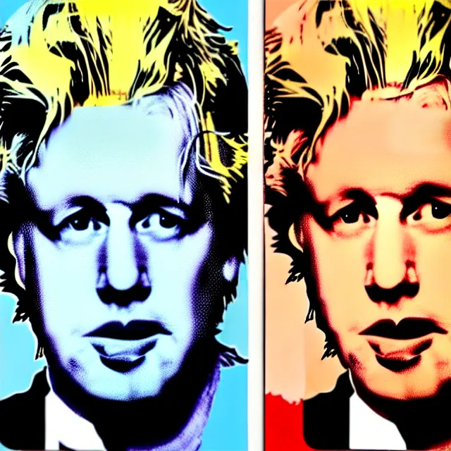 Image similar to epic professional digital painting of boris johnson with messy hair, repeated pattern in marilyn diptych by andy warhol, epic, stunning, gorgeous, much wow, masterpiece.