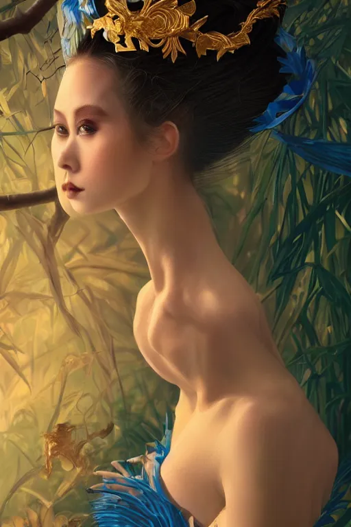 Image similar to stunningly beautiful, blue - eyed geisha prima ballerina in jungle, symmetrical face, golden hour, smooth, focus, highly detailed, hyper realistic, dramatic lighting, elegant, intricate, concept art, art by wlop, mars ravelo, greg rutowski, artstation