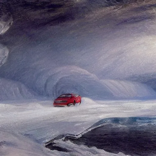 Image similar to car drifting on ice in the north pole. icebergs. toyota commercial. style of turner paintings