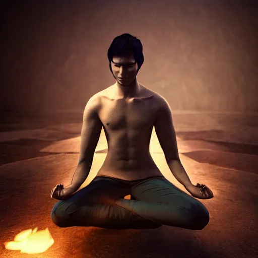 Image similar to a male mage in his 2 0 s with black hair, meditating with closed eyes, in the infinite universe. unreal engine, extremely detailed, award - winning art, trending on artstation