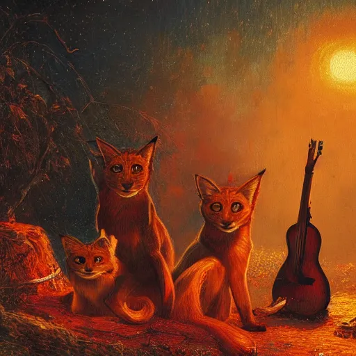 Image similar to three cute caracals wearing red ties with guitar, campfire, night, atmospheric lighting, intricate, volumetric lighting, digital art, highly detailed by gaston bussiere, craig mullins, j. c. leyendecker 8 k