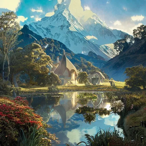 Image similar to a lord of the rings village in large new zealand landscape, shiny colors, high - key lighting, beautiful composition, intricate, elegant, pro photography by, highly detailed, art by artgerm and greg rutkowski and alphonse mucha