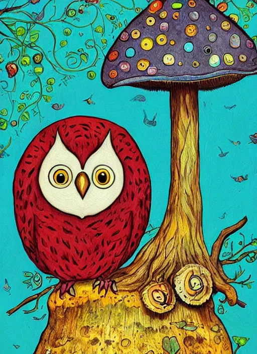 Image similar to a painting of an owl sitting on top of a mushroom, poster art by alexander jansson, behance contest winner, psychedelic art, behance hd, poster art, concert poster