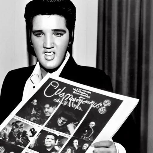 Prompt: Elvis Presley holding up a calendar for August 2022