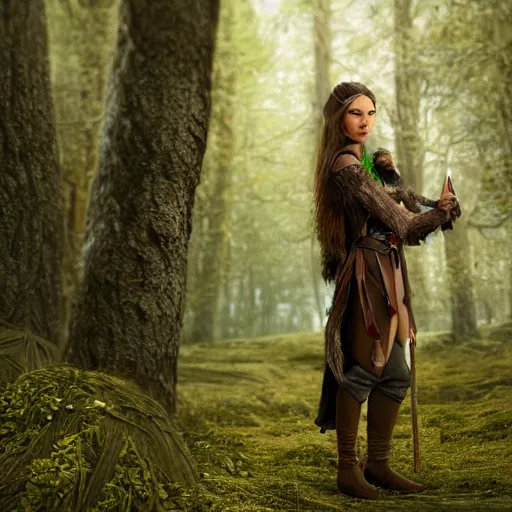 Image similar to anya charlota as a medieval fantasy wood elf, dark brown hair tucked behind ears, wearing a green tunic with a fur lined collar and brown leather armor, wide, muscular build, scar across nose, one black, scaled arm, cinematic, character art, digital art, forest background, realistic. 4 k