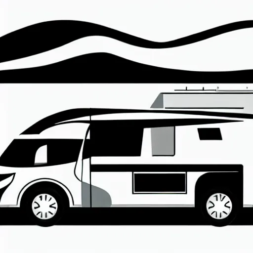 Image similar to very very very stylized minimal vector graphic of a thor chateau motorhome, mountains, highway and sunset!!, white background, dramatic, professional minimal simplified graphic design cartoon, 3 colors!!