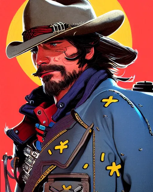Image similar to mccree from overwatch, cyber space cowboy, character portrait, portrait, close up, concept art, intricate details, highly detailed, vintage sci - fi poster, retro future, vintage sci - fi art, in the style of chris foss, rodger dean, moebius, michael whelan, and gustave dore