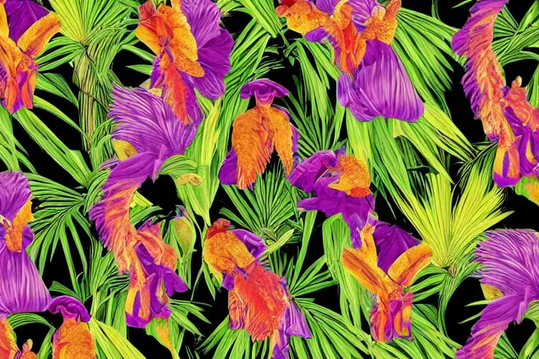 Prompt: photorealistic print of exotic, elegant tropical prints, isolated in a black background : : purple plants, golden flowers, red parrot, art nouveau, desaturate, trending on artstation