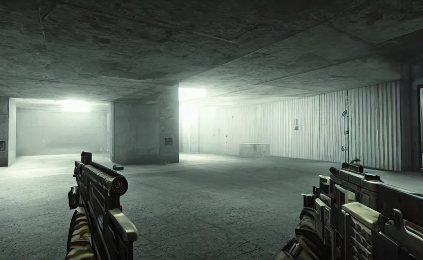 Image similar to in - game screenshot of a first person shooter on unreal engine 5, narrow modern hallways of a secret government facility, photorealistic, liminal, brutalism, minimalism, soft vintage glow