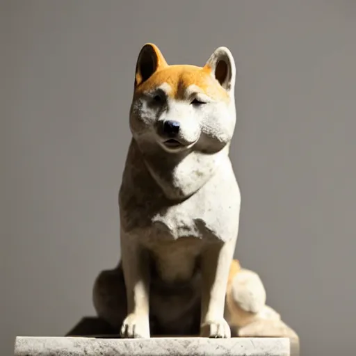 Prompt: an ancient greek sculpture of a shiba inu in marble, close up photo, ultra realistic, studio photo, bokeh. intricate details.