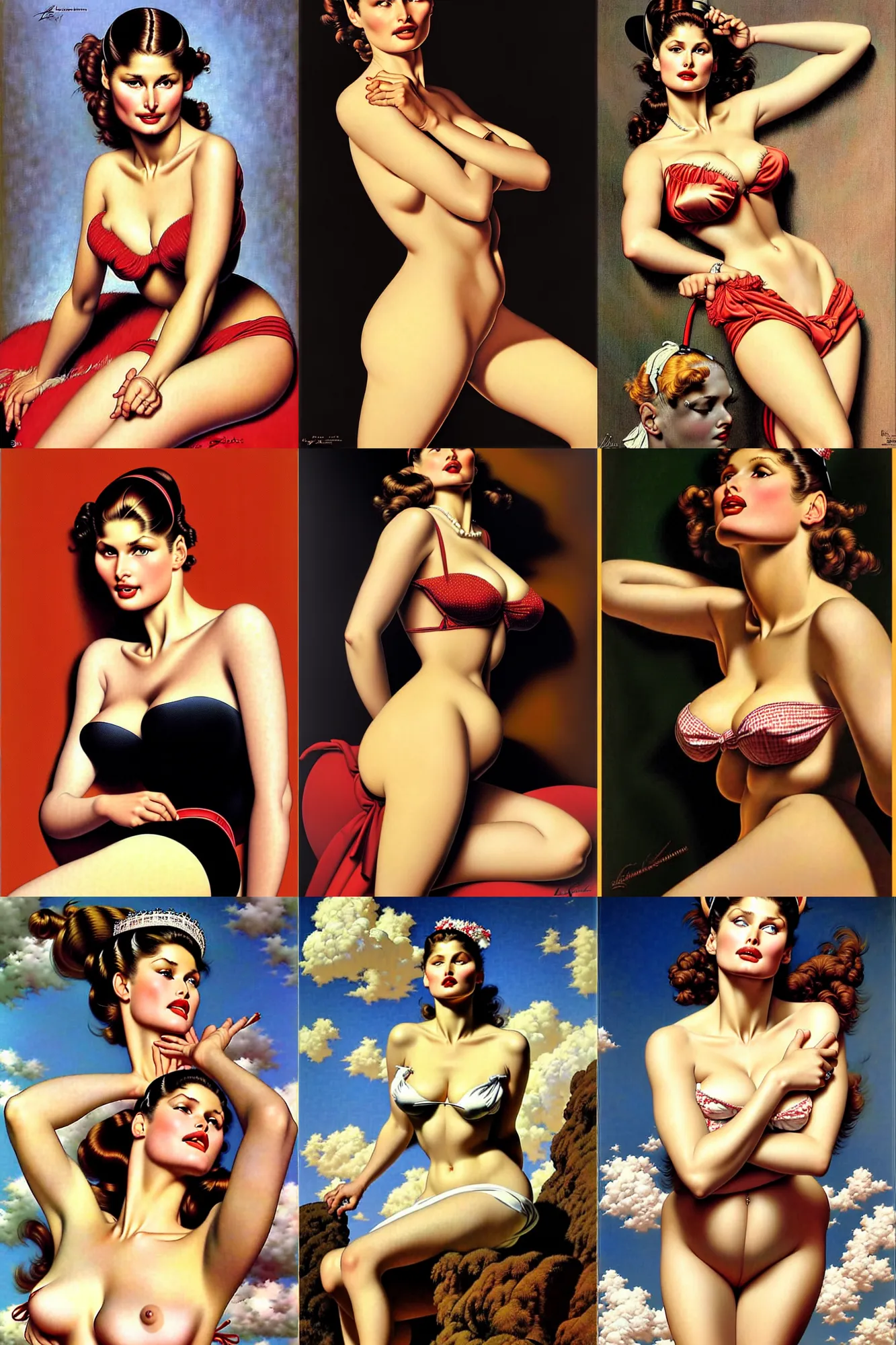 Prompt: laetitia casta by gil elvgren and norman rockwell and rob gonsalves and hajime sorayama, hyperrealistic, high detail, ultra detailed, highly detailed face, feminine facial features, ruffled fabric, goddess queen