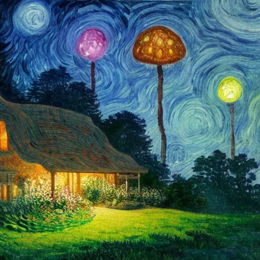 Prompt: mysterious detailed painting of a cozy english cottage in the woods at night, surrounded by giant glowing mushrooms, in the style of studio ghibli and moebius and claude monet and edward hopper and vincent van gogh