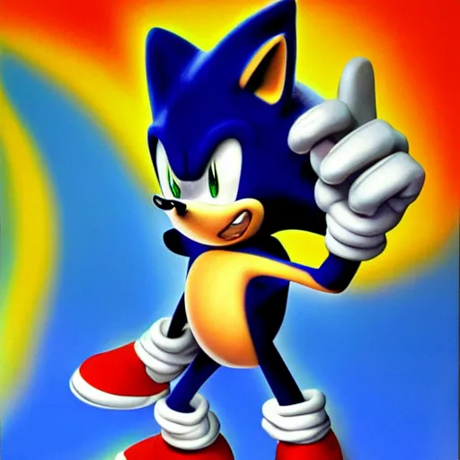 Prompt: a distorted, surrealist painting of classic Sonic the Hedgehog, raytrace 3D, 1991