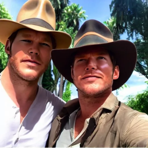 Image similar to chris pratt as indiana jones taking a selfie with harrison ford, instagram, cinematic, natural lighting, genuine smile