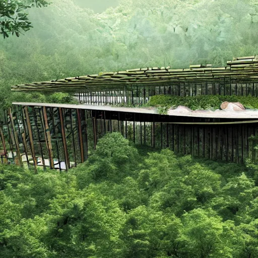 Prompt: timber megastructure in the middle of the jungle, concept art