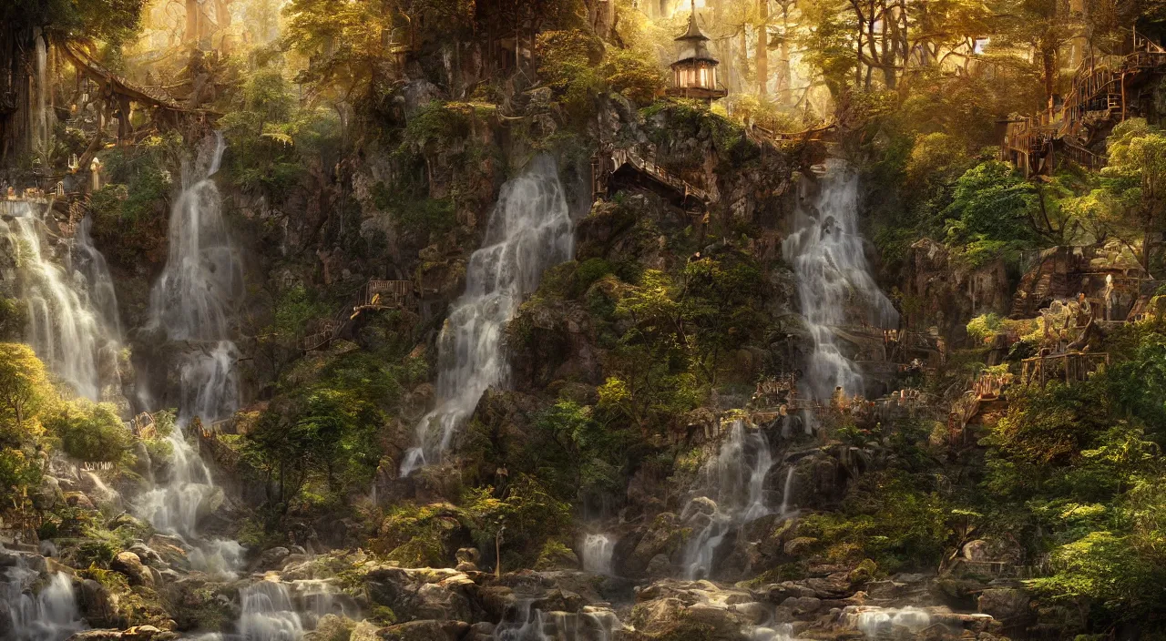 Image similar to rivendell steampunk, waterfalls from clif, dappled golden lighting, cinematic, photographic, realistic, highly detailed, matte painting