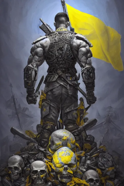 Image similar to a distant shot from behind of a Ukrainian super soldier with blue and yellow flag behind him standing alone on a huge pile of skulls as a winner, masculine muscular figure, D&D, fantasy, intricate, elegant, highly detailed, extremely detailed, digital painting, artstation, concept art, matte, smooth, hyper realistic, sharp focus, illustration, art by Artgerm and Greg Rutkowski and Alphonse Mucha