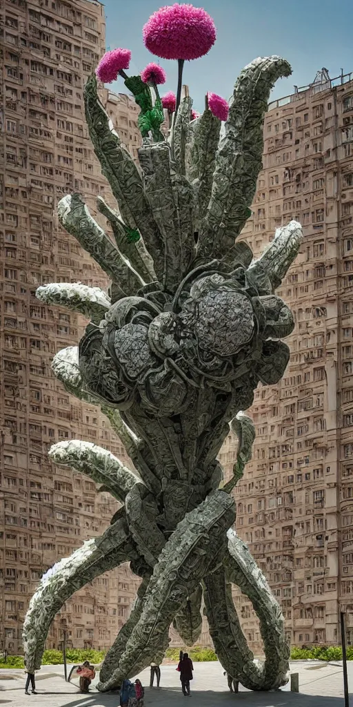 Prompt: colossal grotesque prehistoric flower made from best unfulfilled mankind projects in the middle of abandoned post soviet constructivist cityscape, Stalinist architecture, ultradetailed, Intricate by Hayao Miyazaki and Josan Gonzalez and Makoto Shinkai and Giuseppe Arcimboldo and Wes Anderson