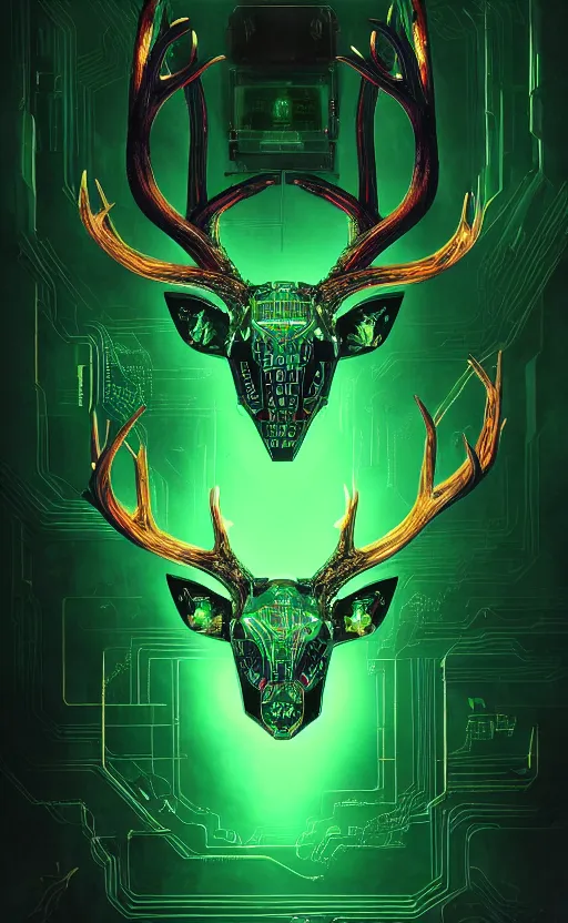 Image similar to poster style, a beautiful and terrifying painting with high details a digital portrait of cyber god of hunting with robotic deer head in style of green neon, cyber noir, movie atmosphere, movie lights, 8 k, light effect, rtx on, trending on artstation, by kilian eng, lee madgwick, bastien lecouffe - deharme