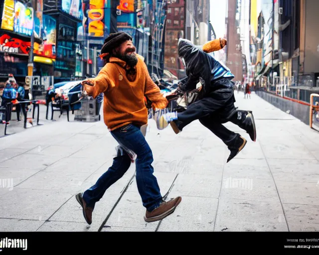 Prompt: a handsome homeless man wins the lottery. the homeless guy jumps in the air like a little girl. he is glowing like goku. realistic image. new york city candid photo