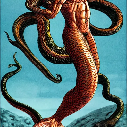 Image similar to a male naga, serpent body, kentaro miura art style