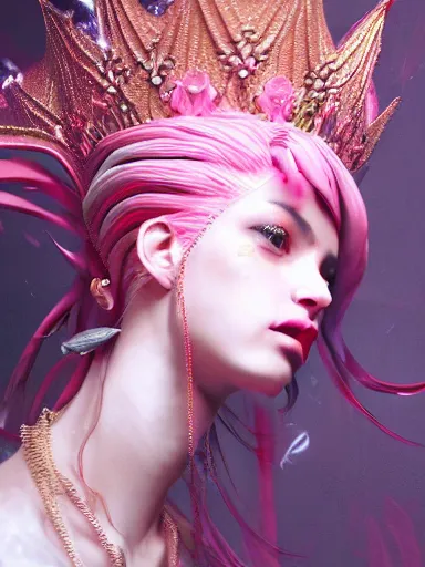 Image similar to pink portrait of beautiful female angel queen Lisa blackpink head wearing shiny pink crown, subtle purple accents, hyper details, black metal rococo, sculpted by Alex Alice, Craig Mullins, yoji shinkawa, trending on artstation, beautifully lit, Peter mohrbacher, hyper detailed, insane details, intricate, elite, elegant, luxury, ray of light through smoke, CGsociety, hypermaximalist, golden ratio, volumetric, octane render, weta digital, micro details, 3d sculpture