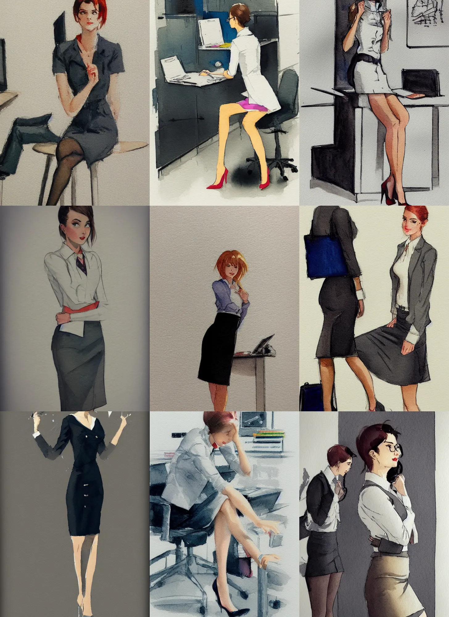 Image similar to concept art of a modern office life, young attractive business woman, pencil miniskirt, pinterest, artstation trending, behance, watercolor *, by coby whitmore, silver, laser light,