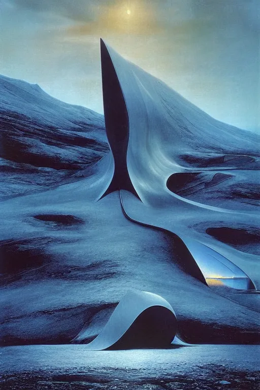 Image similar to emissary iceland highlands by arthur haas and bruce pennington and john schoenherr, cinematic matte painting, zaha hadid a - frame building, photo realism, dark moody color palate, blue hour stars, desolate glacial landscape,