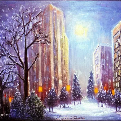 Image similar to winter in the city, by bob ross