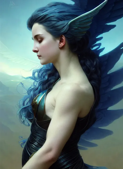 Image similar to a beautiful cinematic female archangel queen, fantasy sea landscape, fantasy magic, short aqua blue black fade hair, dark light night, intricate, elegant, sharp focus, illustration, highly detailed, digital painting, concept art, matte, art by WLOP and Artgerm and Greg Rutkowski and Alphonse Mucha, masterpiece