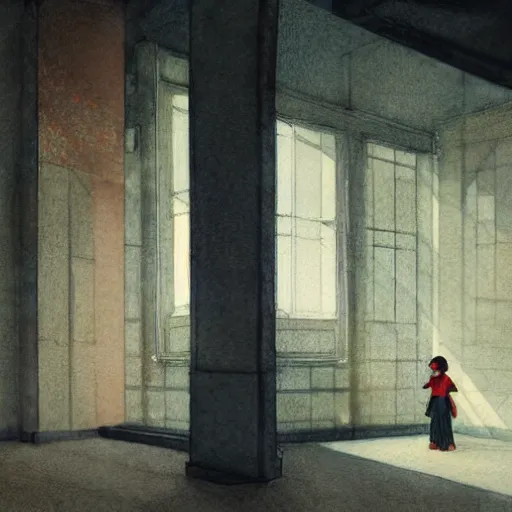 Prompt: close up of a girl in a soviet liminal abandoned building, watercolor by victo ngai, by hammershøi, art noveau, highly detailed, lights by edward hopper, liminal, eerie, bright pastel colors