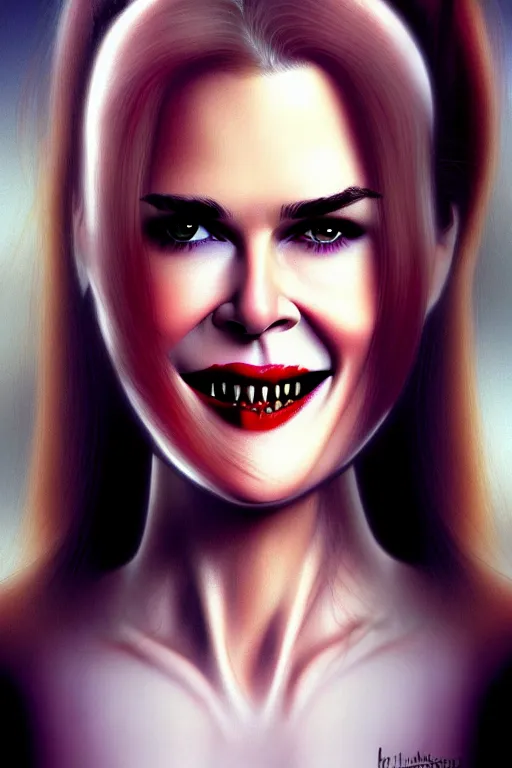 Image similar to mix of beautiful young maria shriver, mariel hemmingway, brooke shields, nicole kidman and elle macpherson as a vampire showing vampire teeth, ready to bite, thin lips, hair tied up in a pony tail, dark blonde hair, colorful, deviantart, artstation, cgsociety