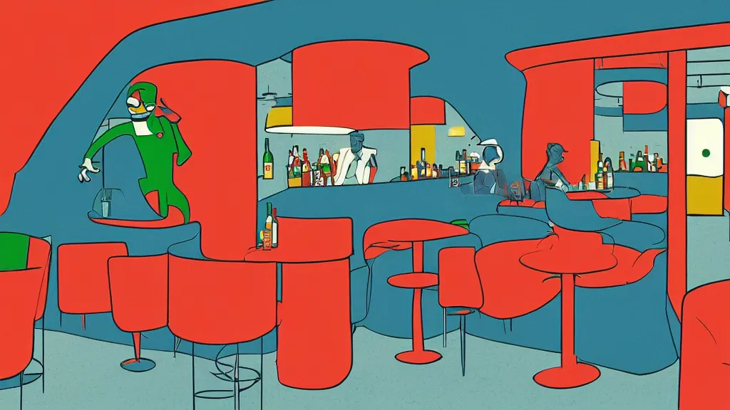 Prompt: an illustration of a bar/lounge, mid century modern cartoon style, extremely detailed, orange red green and blue colour palette,the art of the incredibles, by teddy newton