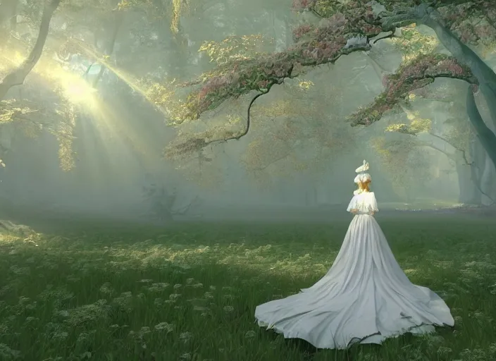 Image similar to a woman dressed in a white dress, seen from behind, in a magical forest, painted by, mc escher, gordon onslow ford, georgia o'keeffe and ivan aivazovsky, cinematic light, god rays, colourful, unreal engine, zbrush central,