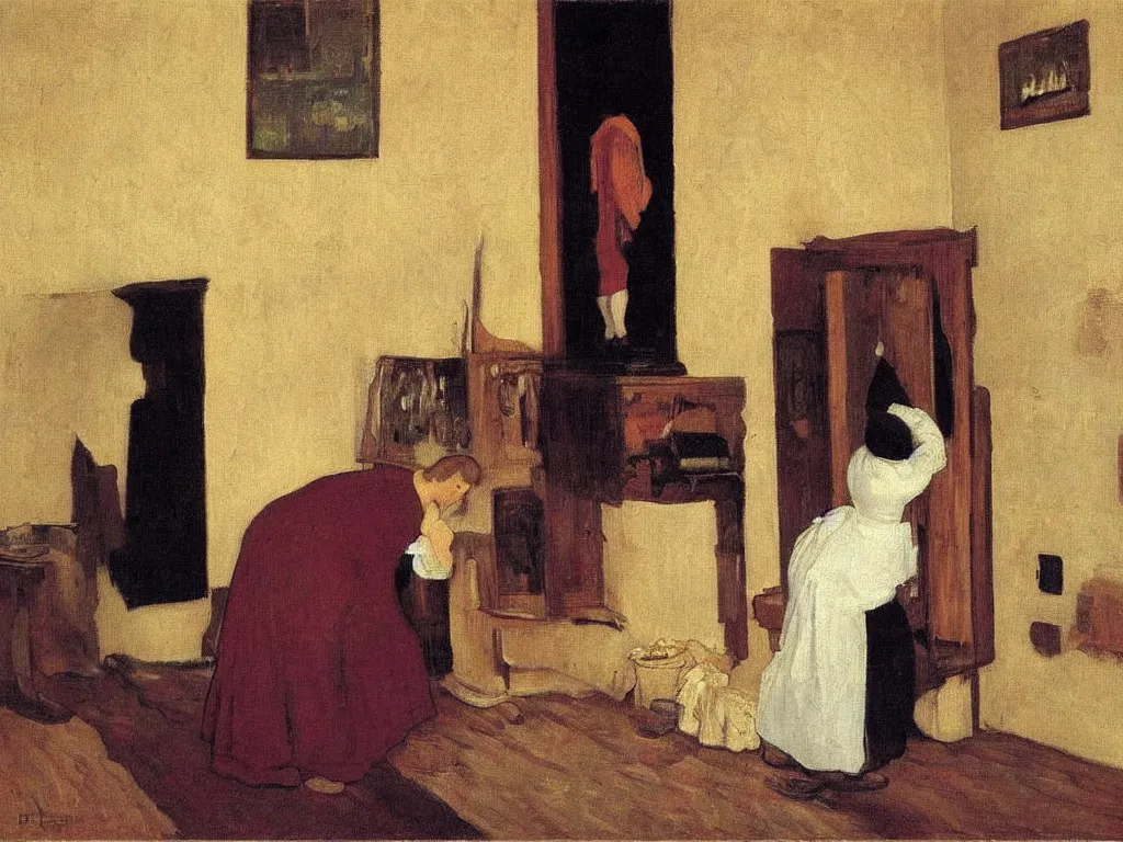 Image similar to Woman setting the interior of a house on fire. The walls are full of old paintings. Painting by Felix Vallotton, John Everett Millais