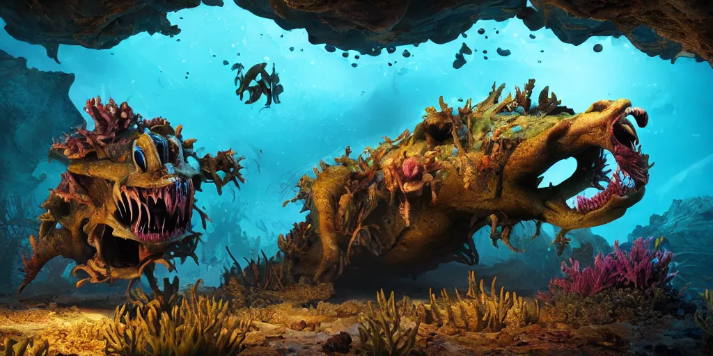 Image similar to underwater enviroment with spondilus creatures, unreal 5, hyperrealistic, realistic, photorealistic, dynamic lighting, highly detailed, cinematic landscape, studio landscape, studio lighting