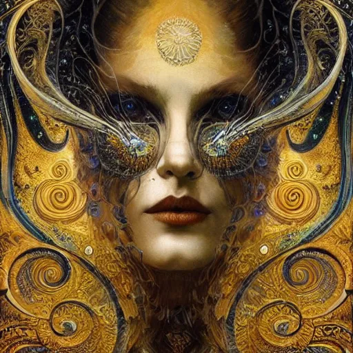 Prompt: Memento Mori by Karol Bak, Jean Deville, Gustav Klimt, and Vincent Van Gogh, beautiful visionary mystical portrait, otherworldly, fractal structures, ornate gilded medieval icon, third eye, spirals, ornate Neo-Gothic architecture