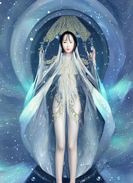 Prompt: beautiful Korean celestial Goddess wearing a luxurious space battle suit exposed in cryo chamers by James Jean, captivating look, intricate, elegant, highly detailed, centered, digital painting, artstation, concept art, smooth, sharp focus, illustration, at the Salar De Uyuni, Hexagonal formations on the surface of salt crystallization, combined between sedimentary deposits, bubbling geysers, interstellar night reflection of the sky, intricate, elegant, luxurious, digital painting, concept art, smooth, sharp focus, from Star Trek 2021, illustration, by WLOP and Peter Mohrbacher and Boris Vallejo