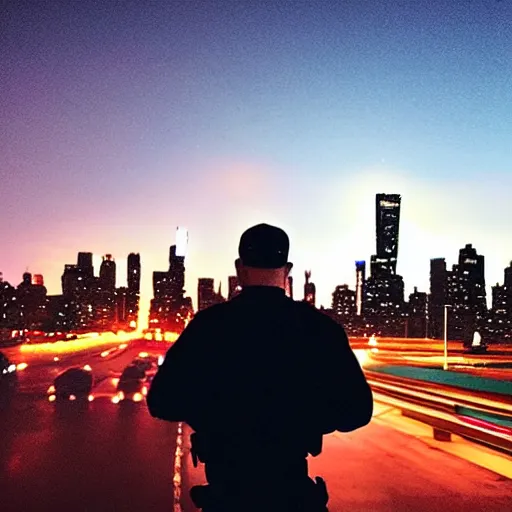 Prompt: “ michael oblowitz directing a hard - boiled cop action movie in queens at night with the new york skyline in the distance. heavy rain, cinematic ”