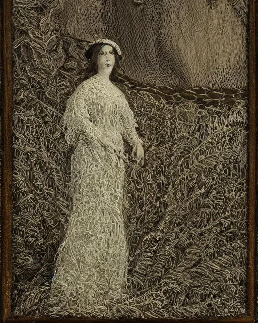 Image similar to a woman standing by the sea, made of intricate decorative lace leaf skeleton, in the style of the dutch masters and gregory crewdson, dark and moody